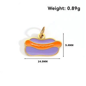 Detailed macro view of a hot dog charm with colorful enamel and precise measurements