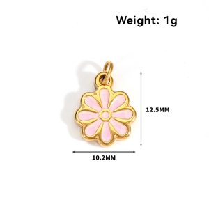 Macro shot of 10.2mm pink flower enamel pendant with detailed size and weight specs
