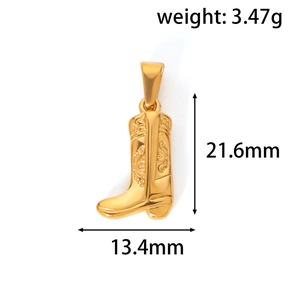 Golden cowboy boot pendant with floral patterns and measurements 21.6mm by 13.4mm