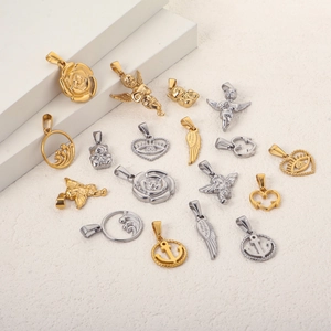 Pendentifs vintage en acier inoxydable avec motifs cœur, ange et ours en or et argent