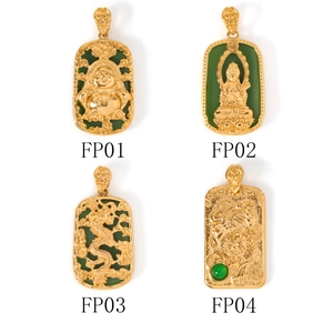 Gold-plated Buddha and dragon pendants with green jade backing in a 2x2 grid layout