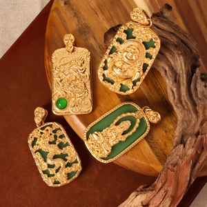 Traditional Chinese style gold stainless steel pendants featuring dragon and Buddha motifs