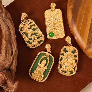 Detailed set of gold stainless steel pendants featuring Buddha and dragon motifs with jade