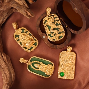 Golden stainless steel Chinese necklaces with jade pendants featuring dragon and Buddha motifs