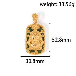 Detailed view of Maitreya Buddha pendant in gold and green jade with Fu character