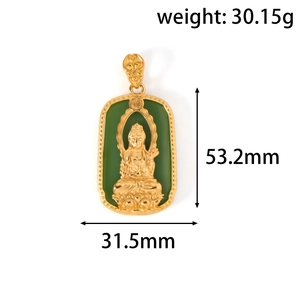Detail of gold Guanyin pendant with green inlay and Fu character, measuring 53.2mm