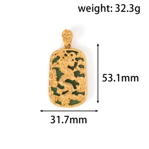 Detailed view of a gold-plated dragon pendant with jade inlay including size measurements