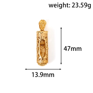 Detailed view of gold-plated cylinder pendant with intricate filigree and dimensions