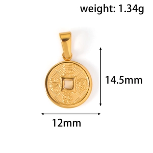 Detail view of a gold titanium steel gourd pendant with detailed size and weight specs