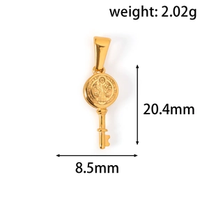 24k gold-plated stainless steel Saint Benedict key pendant necklace charm, 20.4x8.5mm