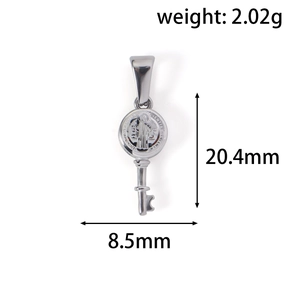 Macro shot of silver St. Benedict key pendant with size specs 20.4mm by 8.5mm