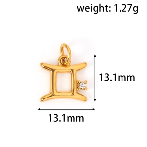Detailed specs of 24k gold plated Gemini pendant with zircon and dimensions