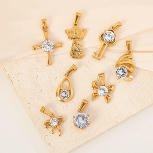 Mode Edelstahl Strass Anhänger Gold DIY Schlüssel Kreuz Schleife Wassertropfen Form Herz Anhänger Schmuck Halskette Charms Für Damen