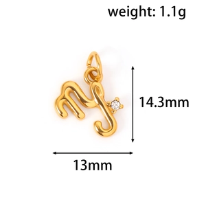 Polished 24k gold letter M pendant with zircon stone and detailed dimensions 14.3mm by 13mm