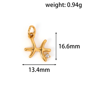 Macro detail of gold Pisces zodiac pendant with dimensions 16.6mm and weight 0.94g