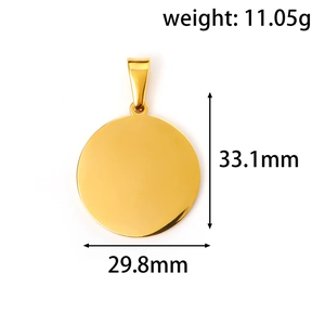 Detailed view of gold mirror finish round pendant with dimensions and weight specs