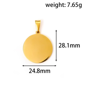 Polished gold stainless steel round pendant with detailed dimensions and weight