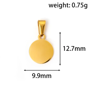 Polished gold round pendant detail showing dimensions 9.9mm diameter and 0.75g weight