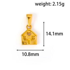 Detail van 24k vergulde huis hanger met hartje, hoogte 14,1 mm en breedte 10,8 mm