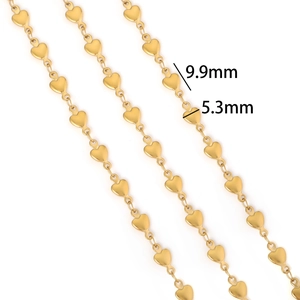 Detail shot of golden heart link chain with 9.9mm by 5.3mm individual heart elements