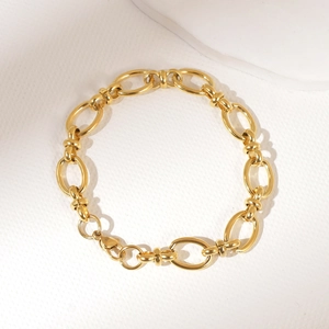Bracelet gourmette en acier inoxydable plaqué or avec fermoir mousqueton pour hommes