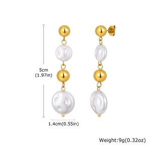 Detailed view of baroque pearl drop earrings with 5cm length and 1.4cm width dimensions