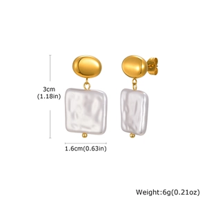 Detail of baroque pearl earrings with pebble-shaped gold studs and textured pendants