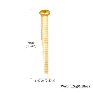 Detail view of gold tassel ear cuff with dimensions 9cm length and 5g weight