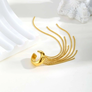 Golden minimalist stainless steel cuff earring with long dangling chain tassels