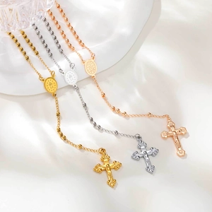 Colliers chapelets en acier inoxydable tricolore avec pendentifs crucifix et médailles