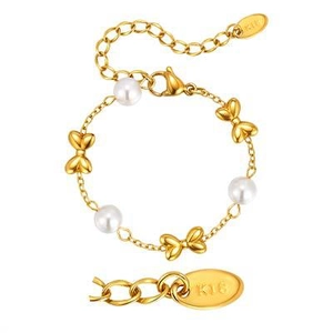 Girls' golden stainless steel chain bracelet with white pearls and 3D bow charms