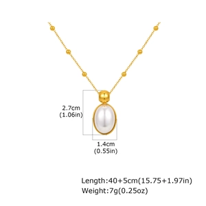 Detailed size specifications for gold oval pearl pendant necklace with dimensions