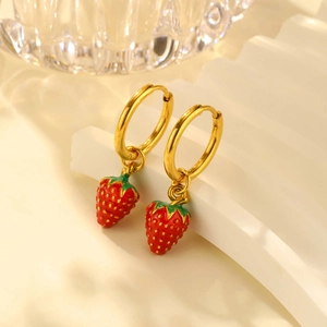 Stainless Steel Cute Strawberry Pendant Drop Earrings For Women Gold Plated Enamel Fruit Style Fashion Jewelry Gift