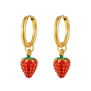 Golden hoop earrings with red strawberry pendants made of stainless steel and enamel