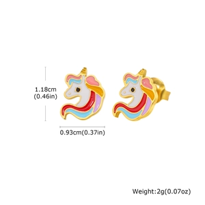 Detail showing dimensions and weight of colorful enamel unicorn stud earrings