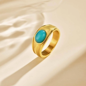 Vintage stainless steel wide ring with oval amazonite gemstone and gold brushed finish