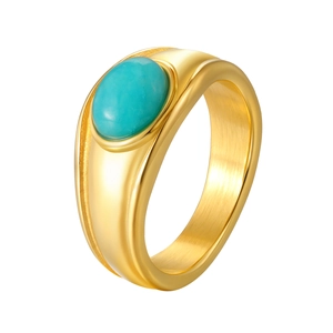 Vintage gold oval amazonite ring for women with brushed metal texture on white background