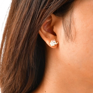 Cute golden elephant stud earrings with white enamel and pink bow for women and kids