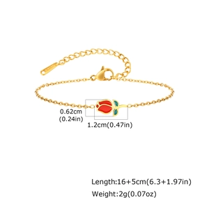 Detailed view of gold stainless steel bracelet with rose pendant and size dimensions