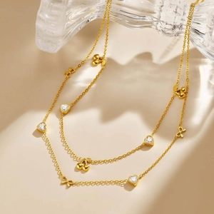 Stainless Steel Heart Cherry Bow Pendant Necklace For Women Gold Plated Braided Chain Rhinestone Fashion Jewelry Elegant Gift