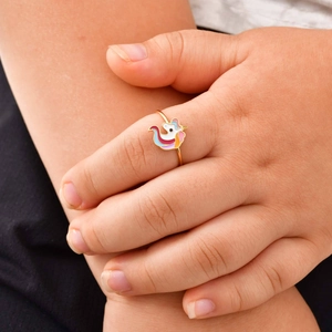 Child's 18K gold plated stainless steel open ring with colorful enamel unicorn charm