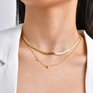 Stainless Steel Layered Heart Pendant Necklace For Women Gold Rhinestone Artificial Pearl Herringbone Chain Jewelry Gift