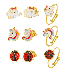 Cute Stainless Steel Enamel Animal Jewelry For Kids Women Unicorn Elephant Ladybug Tulip Adjustable Open Ring Stud Earrings Bracelet