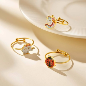 Gold-plated adjustable unicorn and ladybug rings for girls with enamel cartoon designs