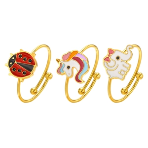 Three-piece set of gold-plated adjustable unicorn ladybug and elephant enamel rings for kids