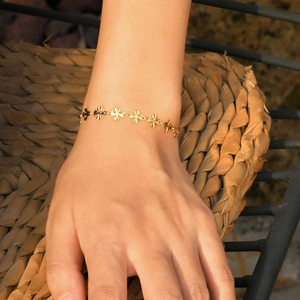 Dettaglio di un bracciale a quadrifoglio dorato al polso con trama radiale sotto il sole