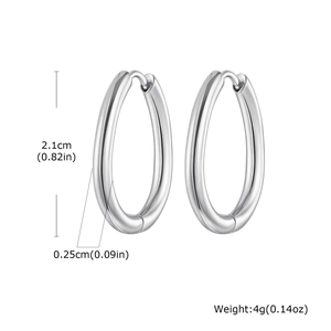 Detail view of U-shaped gold hoop earrings with dimensions 2.1cm and 0.25cm thickness
