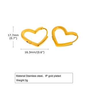 Detailed size specifications for heart-shaped IP gold plated stainless steel earrings