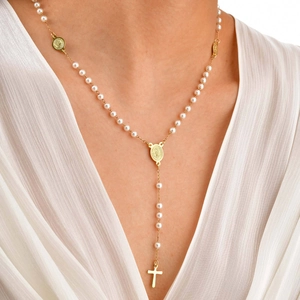 Collar en Y de Rosario de Acero Inoxidable con Perlas Artificiales de Imitación para Mujer Chapado en Oro Colgante Cruz Medalla María