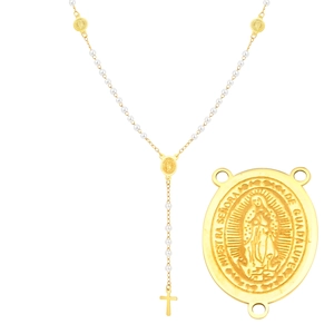 Collar rosario de acero inoxidable dorado con perlas blancas, medalla María y cruz colgante